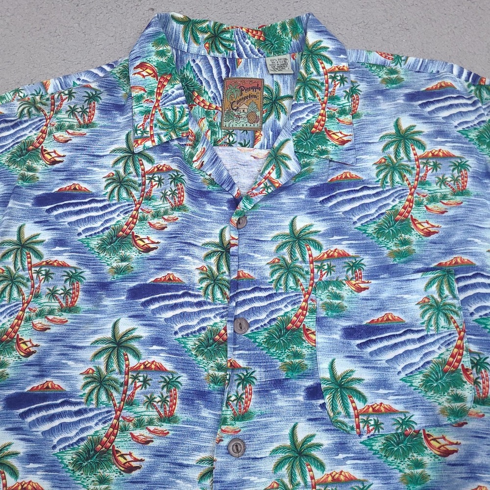 Vintage Pineapple Connection Hawaiian Shirt Mens XL Blue‎ Button Up Palm Trees